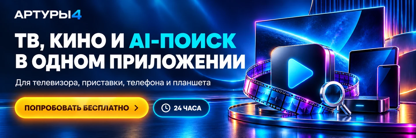 АРТУРЫ4 — ТВ, Кино и AI-поиск в одном приложении. Для телевизора, приставки, телефона и планшета. Попробовать бесплатно 24 часа.